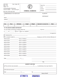 Document preview: Form AOC-330 Criminal Summons - Kentucky