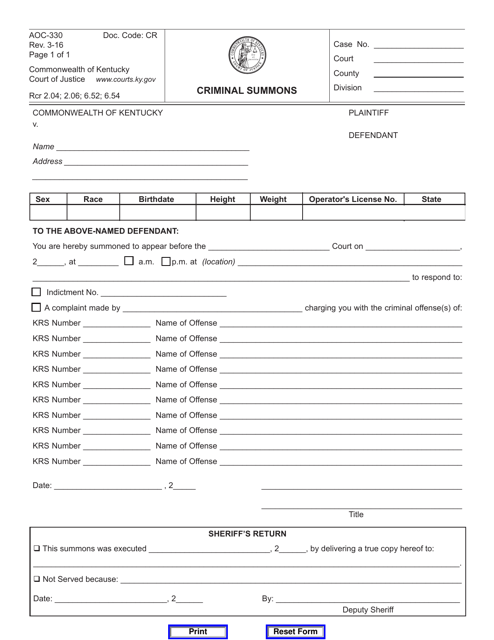Form AOC-330 Criminal Summons - Kentucky