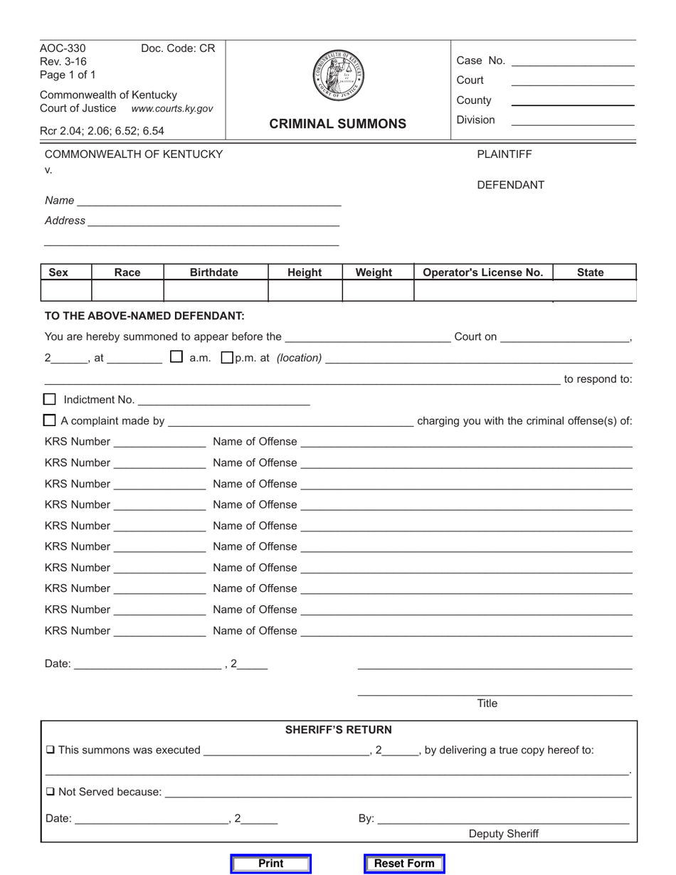 Form AOC-330 Criminal Summons - Kentucky, Page 1