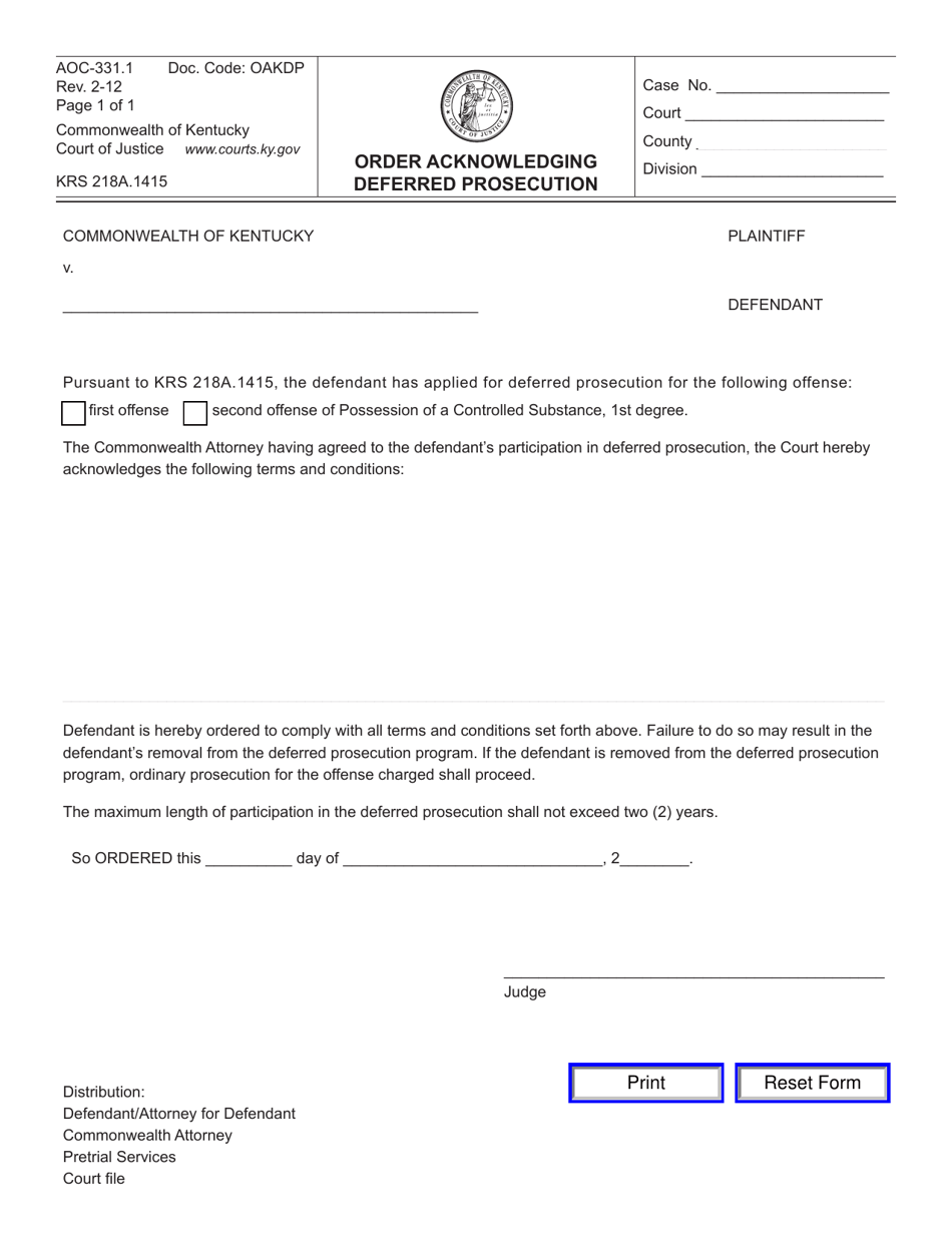 Form AOC-331.1 Order Acknowledging Deferred Prosecution - Kentucky, Page 1