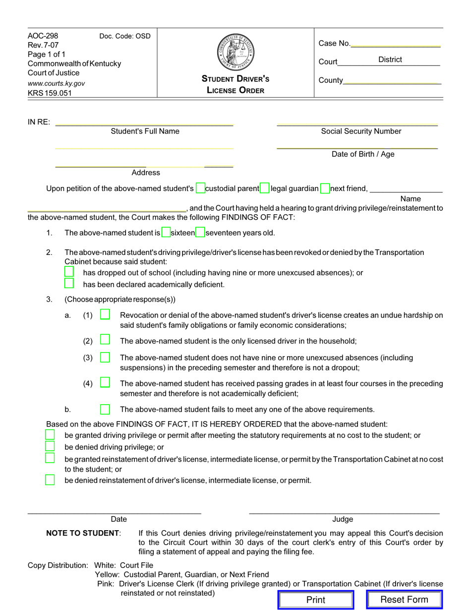 Form AOC-298 Student Drivers License Order - Kentucky, Page 1