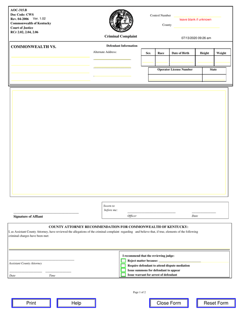 Form AOC-315.B Criminal Complaint - Kentucky