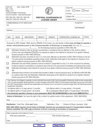 Document preview: Form AOC-341 Pretrial Suspension of License Order - Kentucky