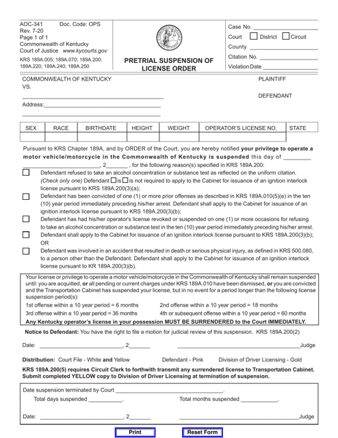 Form AOC-341 Pretrial Suspension of License Order - Kentucky