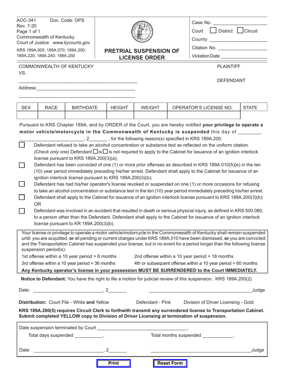 Form AOC-341 Pretrial Suspension of License Order - Kentucky, Page 1