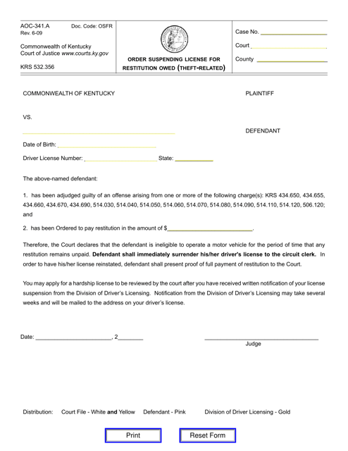 Form AOC-341.A Order Suspending License for Restitution Owed (Theft-Related) - Kentucky