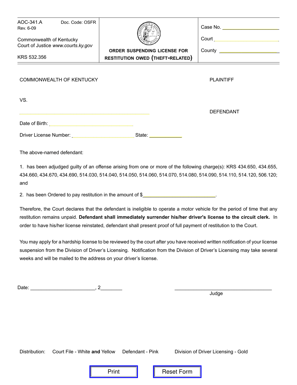 Form AOC-341.A Order Suspending License for Restitution Owed (Theft-Related) - Kentucky, Page 1