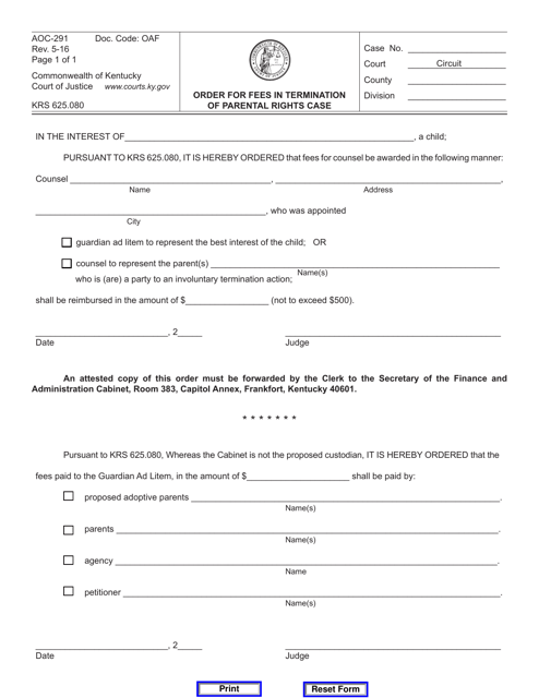 Form AOC-291 Order for Fees in Termination of Parental Rights Case - Kentucky