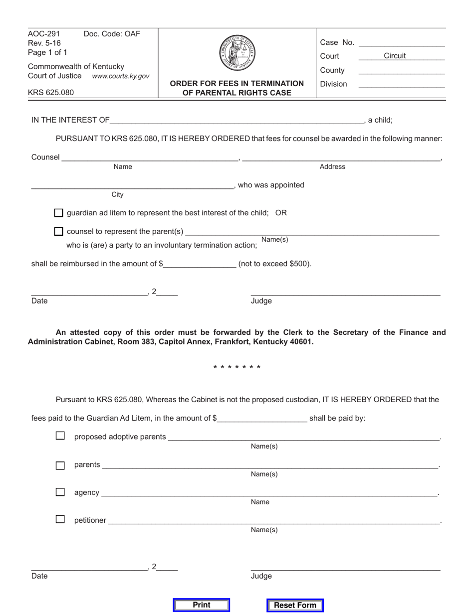 Form AOC-291 Order for Fees in Termination of Parental Rights Case - Kentucky, Page 1
