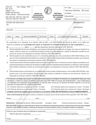 Document preview: Formulario AOC-341 Orden De Suspension Preventiva De La Licencia - Kentucky (Spanish)