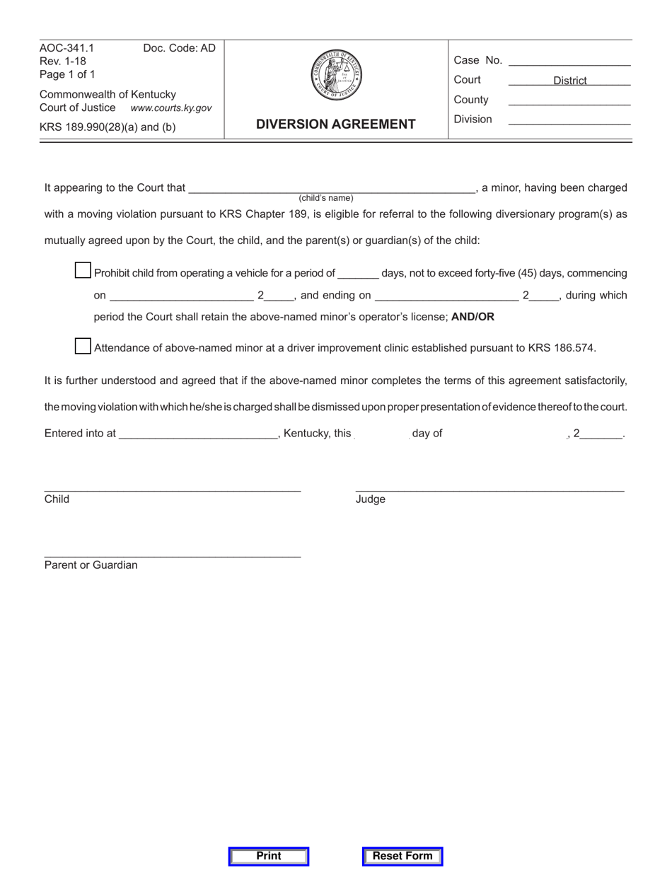 Form AOC-341.1 Diversion Agreement - Kentucky, Page 1