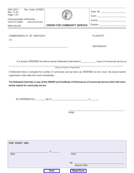 Document preview: Form AOC-343.1 Order for Community Service - Kentucky