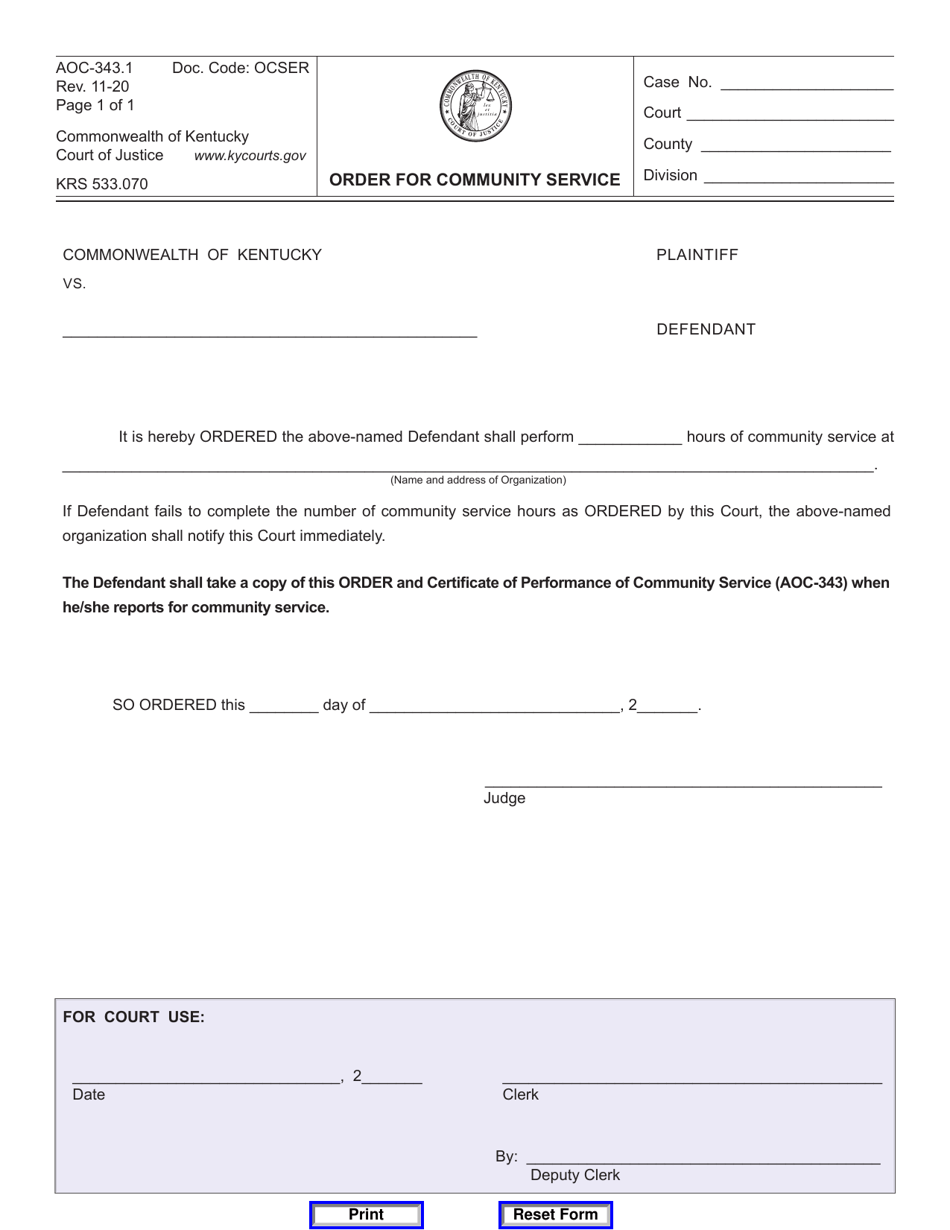 Form AOC-343.1 Order for Community Service - Kentucky, Page 1