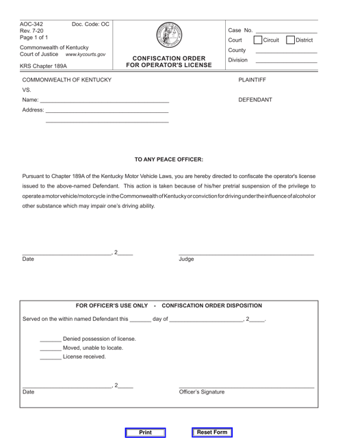 Form AOC-342 Confiscation Order for Operator's License - Kentucky