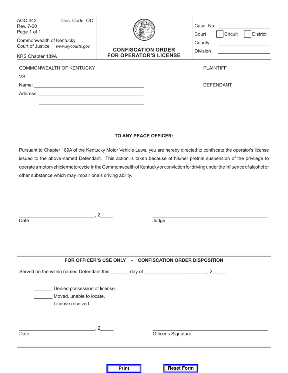 Form AOC-342 Confiscation Order for Operators License - Kentucky, Page 1
