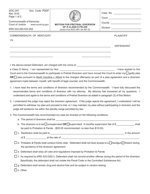 Form AOC-347 Motion for Pretrial Diversion of a Class D Felony - Kentucky