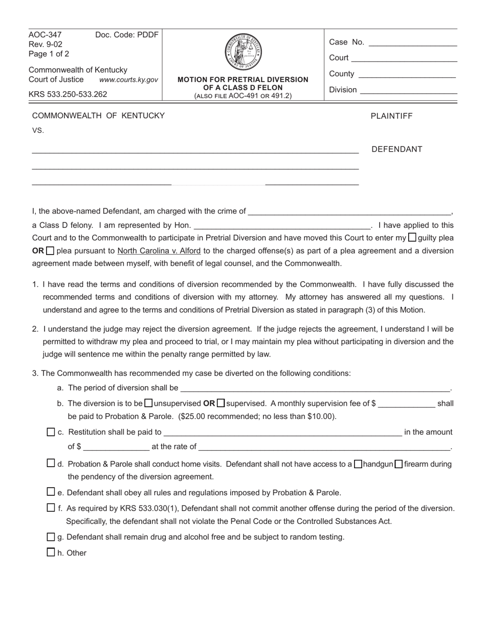 Form AOC-347 Motion for Pretrial Diversion of a Class D Felony - Kentucky, Page 1