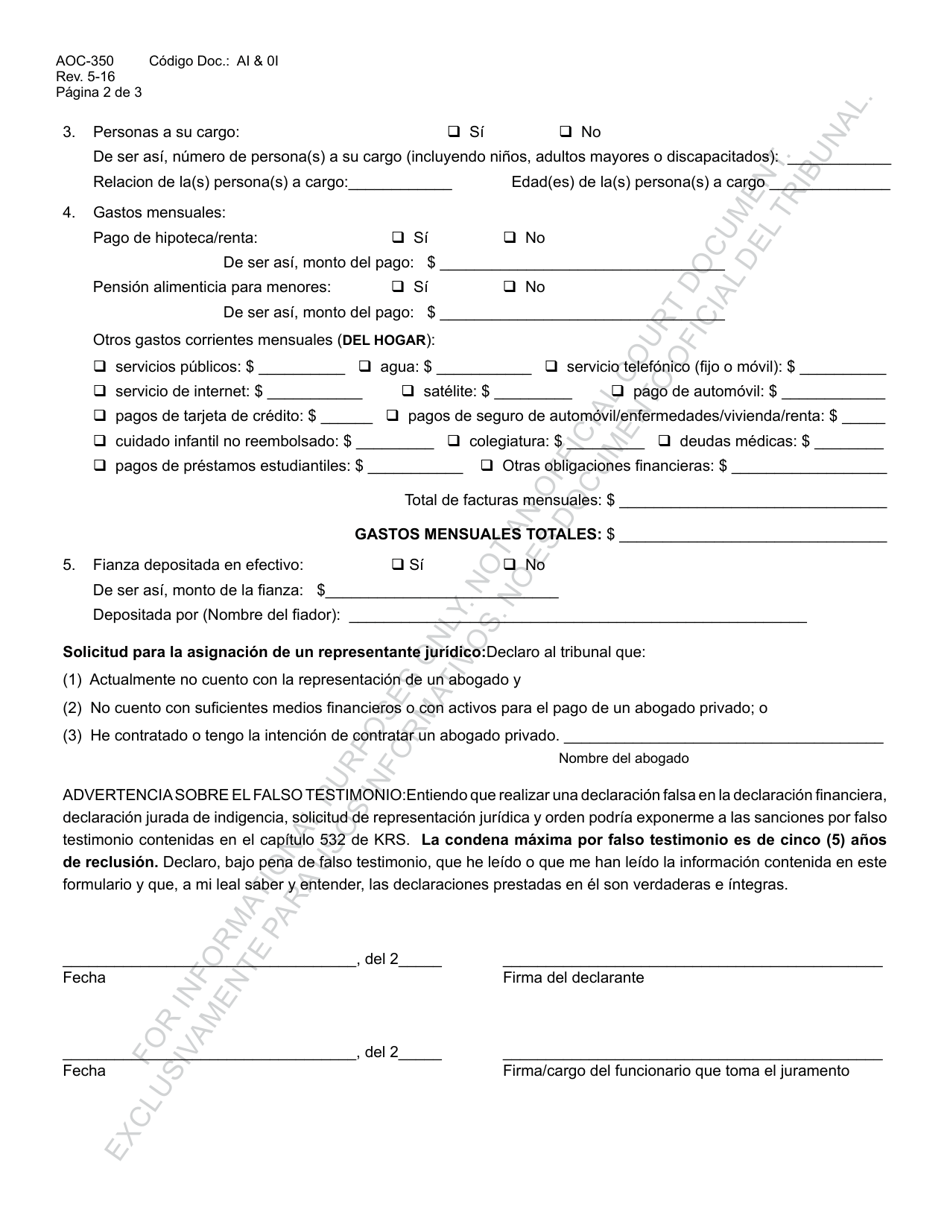 Formulario AOC-350 Declaracion Financiera, Declaracion Jurada De Indigencia Por Escrito, Solicitud De Representante Juridico Y Orden (Asuntos Penales) - Kentucky (Spanish), Page 2