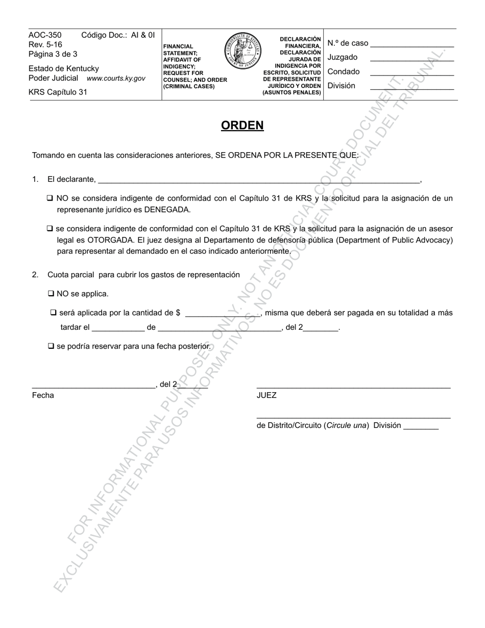 Formulario AOC-350 Declaracion Financiera, Declaracion Jurada De Indigencia Por Escrito, Solicitud De Representante Juridico Y Orden (Asuntos Penales) - Kentucky (Spanish), Page 3