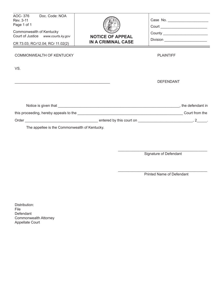 Form AOC-376 Notice of Appeal in a Criminal Case - Kentucky, Page 1