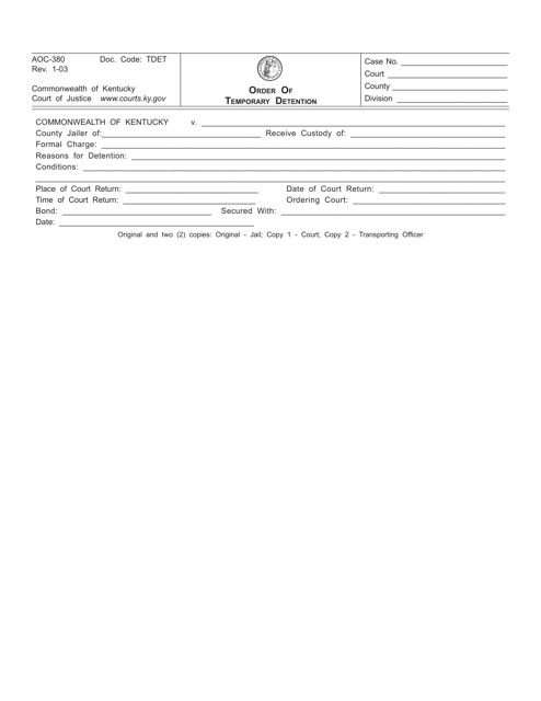 Form AOC-380 Order of Temporary Detention - Kentucky