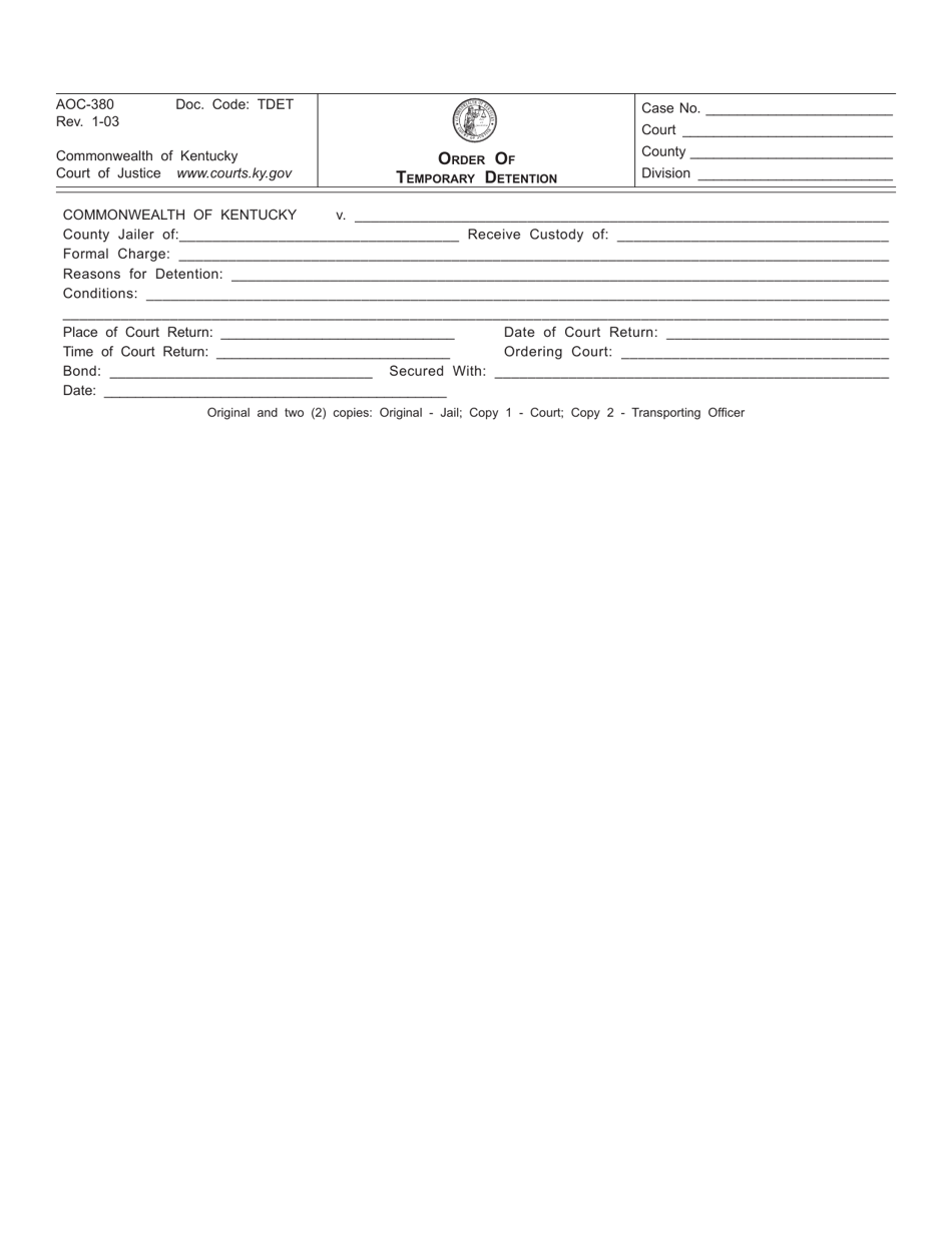 Form AOC-380 Order of Temporary Detention - Kentucky, Page 1