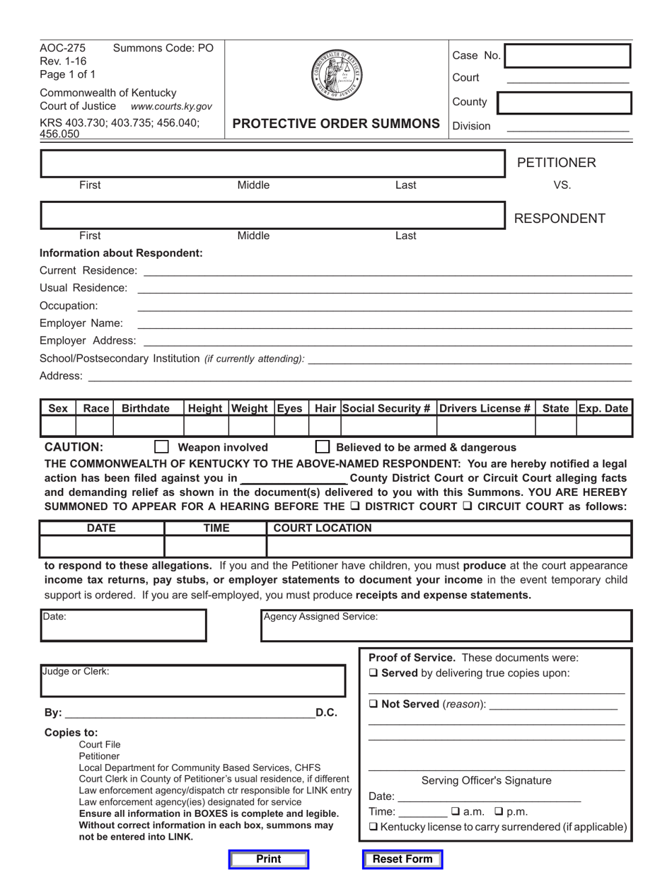 Form AOC-275 Protective Order Summons - Kentucky, Page 1