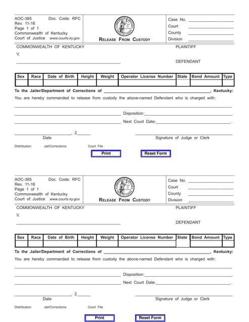 Form AOC-385 Release From Custody - Kentucky