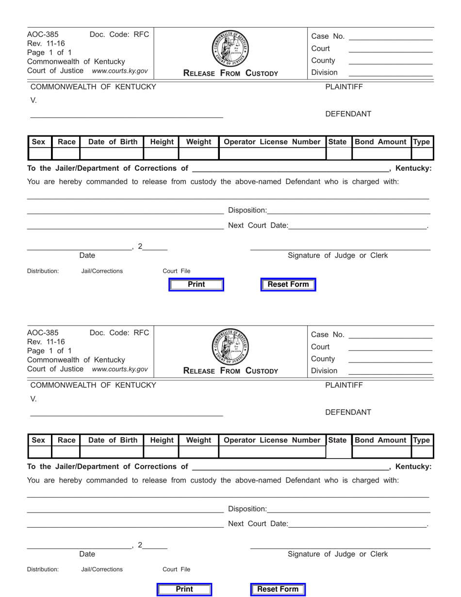 Form AOC-385 Release From Custody - Kentucky, Page 1