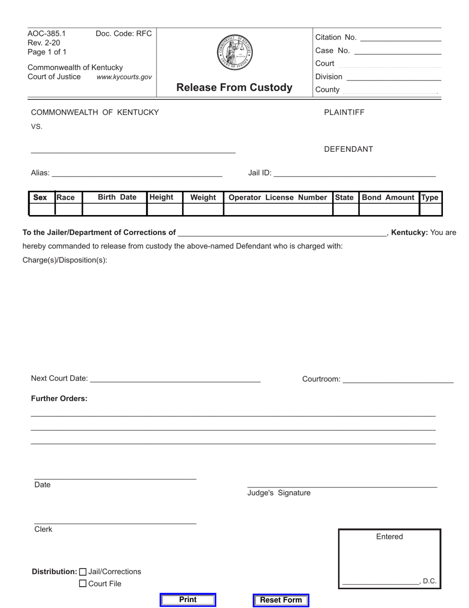 Form AOC-385.1 Release From Custody - Kentucky, Page 1