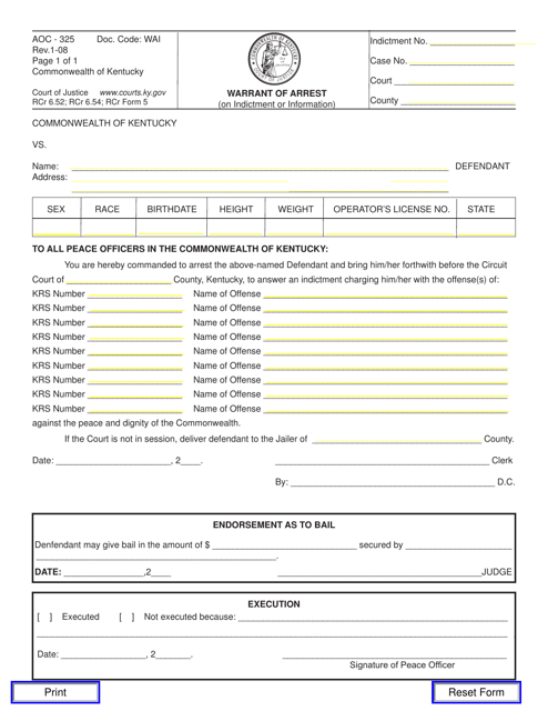 Form AOC-325 Warrant of Arrest (On Indictment or Information) - Kentucky
