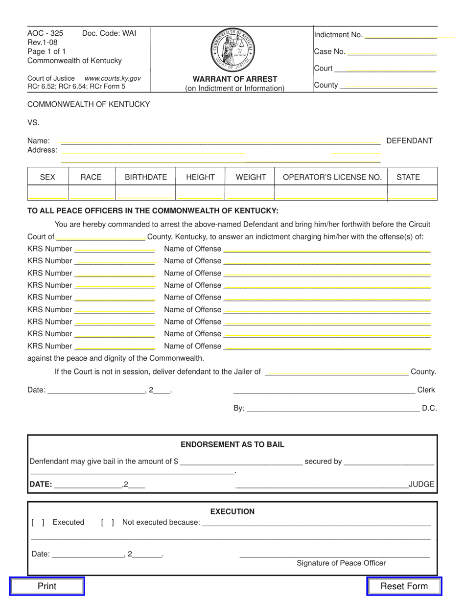 Form AOC-325 Warrant of Arrest (On Indictment or Information) - Kentucky, Page 1