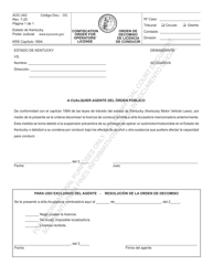Document preview: Formulario AOC-342 Orden De Decomiso De Licencia De Conducir - Kentucky (Spanish)