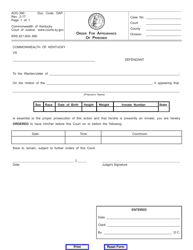 Document preview: Form AOC-390 Order for Appearance of Prisoner - Kentucky