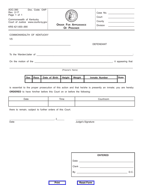 Form AOC-390 Order for Appearance of Prisoner - Kentucky