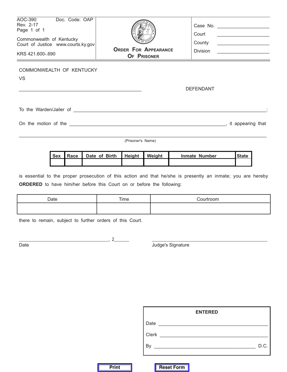 Form AOC-390 Order for Appearance of Prisoner - Kentucky, Page 1