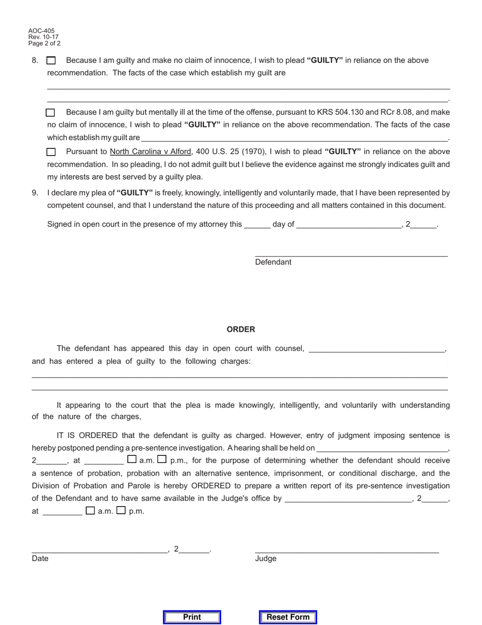 Form AOC-405 Download Fillable PDF or Fill Online Arraignment Order ...