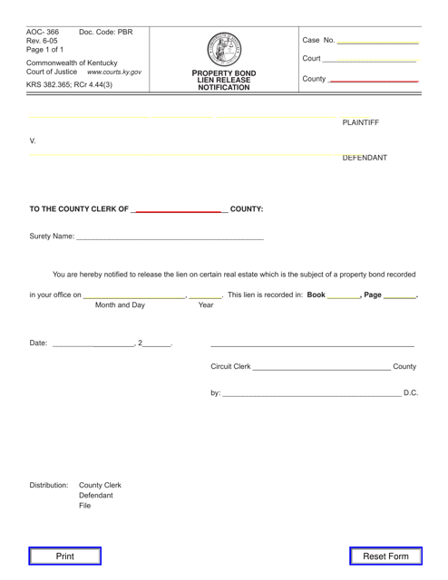 Form AOC-366 Property Bond Lien Release Notification - Kentucky