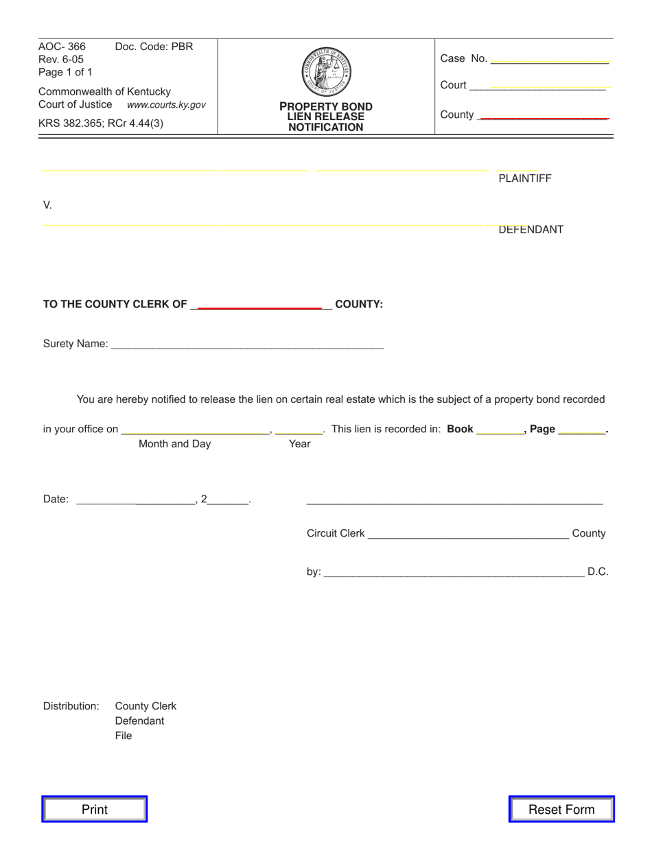 Form AOC-366 Property Bond Lien Release Notification - Kentucky, Page 1