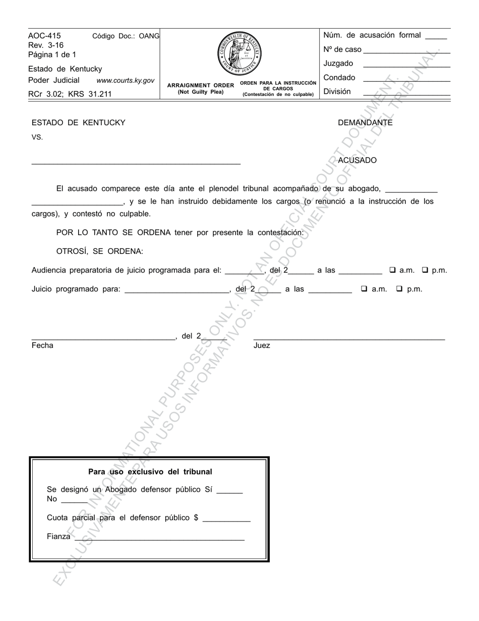 Formulario AOC-415 Orden Para La Instruccion De Cargos (Contestacion De No Culpable) - Kentucky (Spanish), Page 1