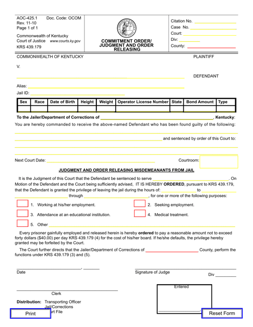 Form AOC-425.1 Commitment Order/ Judgment and Order Releasing - Kentucky
