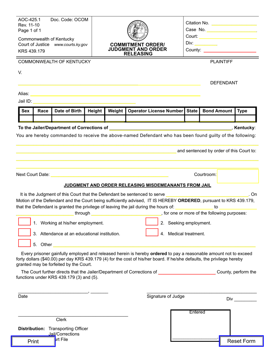Form AOC-425.1 Commitment Order / Judgment and Order Releasing - Kentucky, Page 1