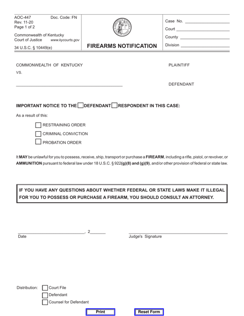 Form AOC-447 Firearms Notification - Kentucky