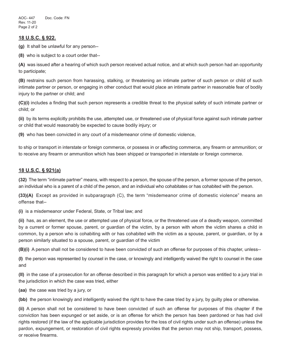 Form AOC-447 Firearms Notification - Kentucky, Page 2