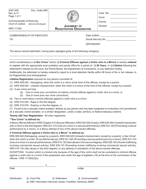 Form AOC-454 Judgment of Registration Designation - Kentucky