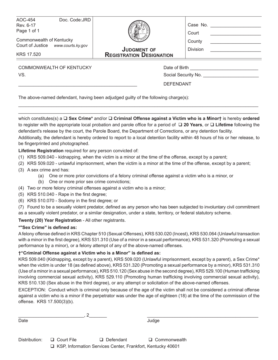 Form AOC-454 Judgment of Registration Designation - Kentucky, Page 1
