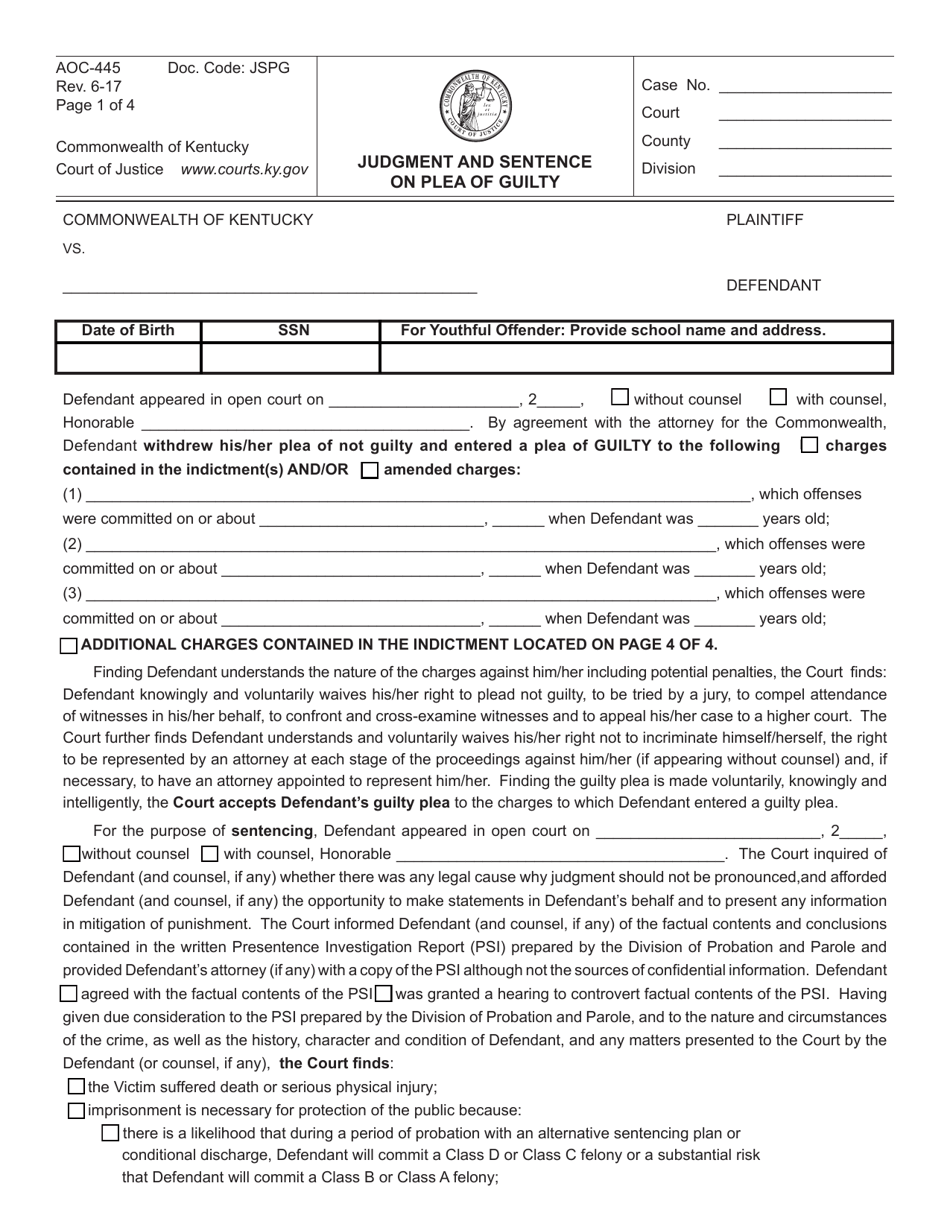 Form AOC-445 Judgment and Sentence on Plea of Guilty - Kentucky, Page 1