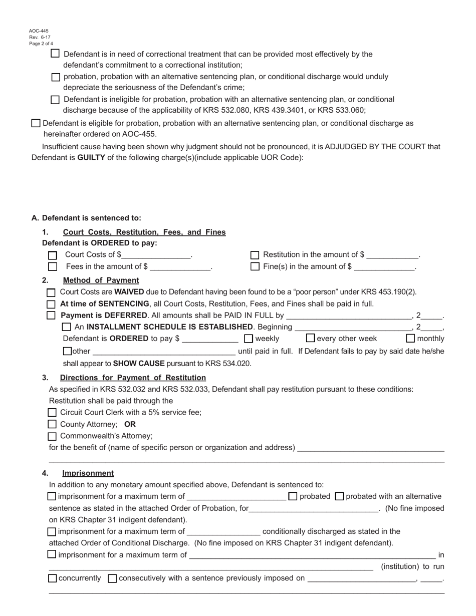 Form AOC-445 Download Fillable PDF or Fill Online Judgment and Sentence ...