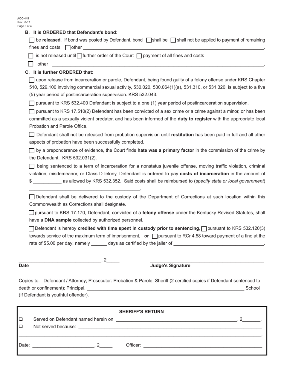Form AOC-445 Judgment and Sentence on Plea of Guilty - Kentucky, Page 3