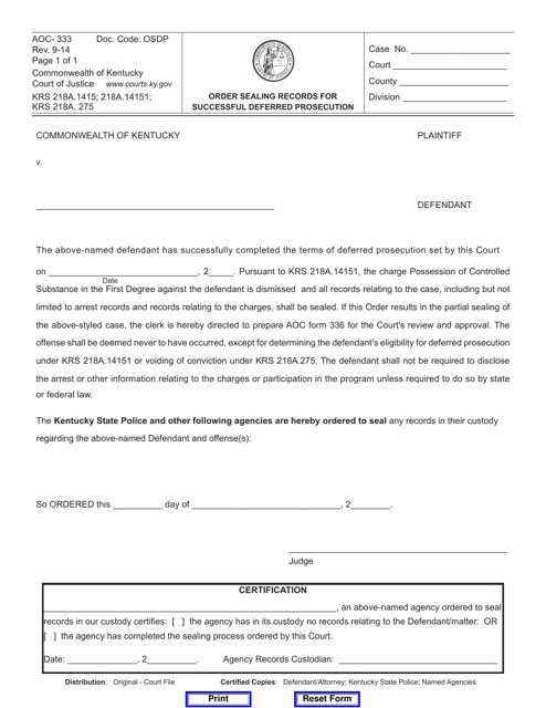 Form AOC-333 Order Sealing Records for Successful Deferred Prosecution - Kentucky